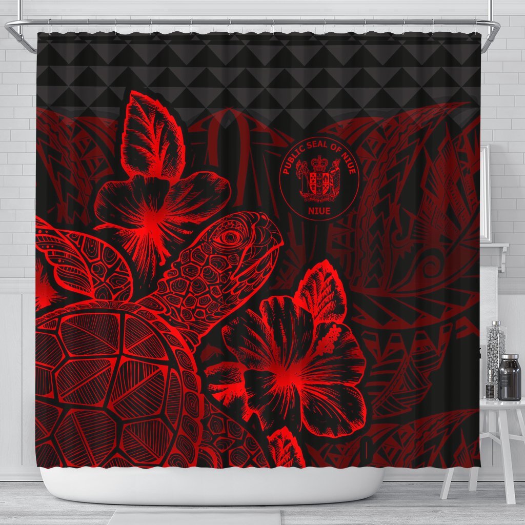 Niue Shower Curtain Turtle Hibiscus Red 177 x 172 (cm) Red - Polynesian Pride