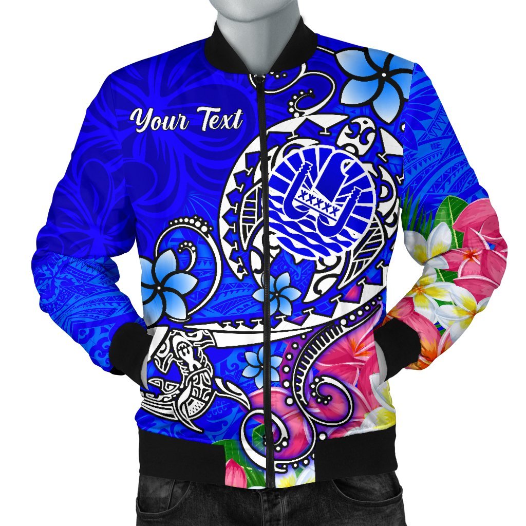 Tahiti Custom Personalised Men's Bomber Jacket - Turtle Plumeria (Blue) Blue - Polynesian Pride