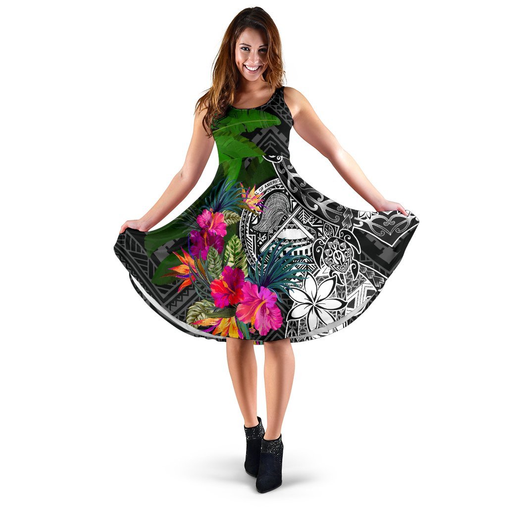 American Samoa Midi Dress - Turtle Plumeria Banana Leaf Women Black - Polynesian Pride