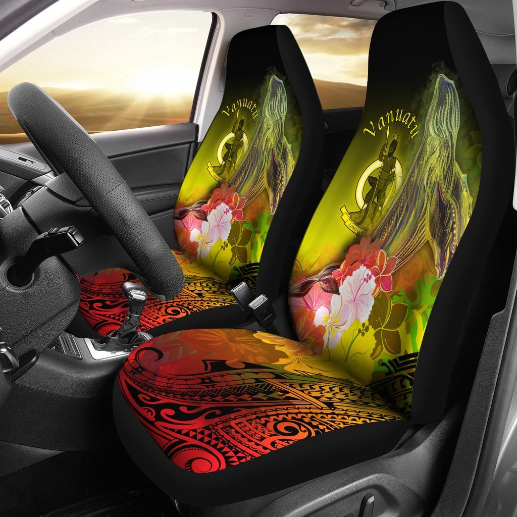Vanuatu Car Seat Covers - Humpback Whale with Tropical Flowers (Yellow) Universal Fit Yellow - Polynesian Pride