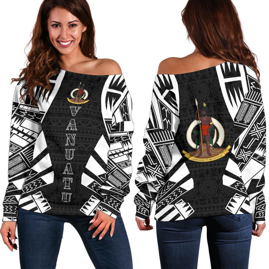 Vanuatu Women's Off Shoulder Sweater - Polynesian Tattoo Black Black - Polynesian Pride