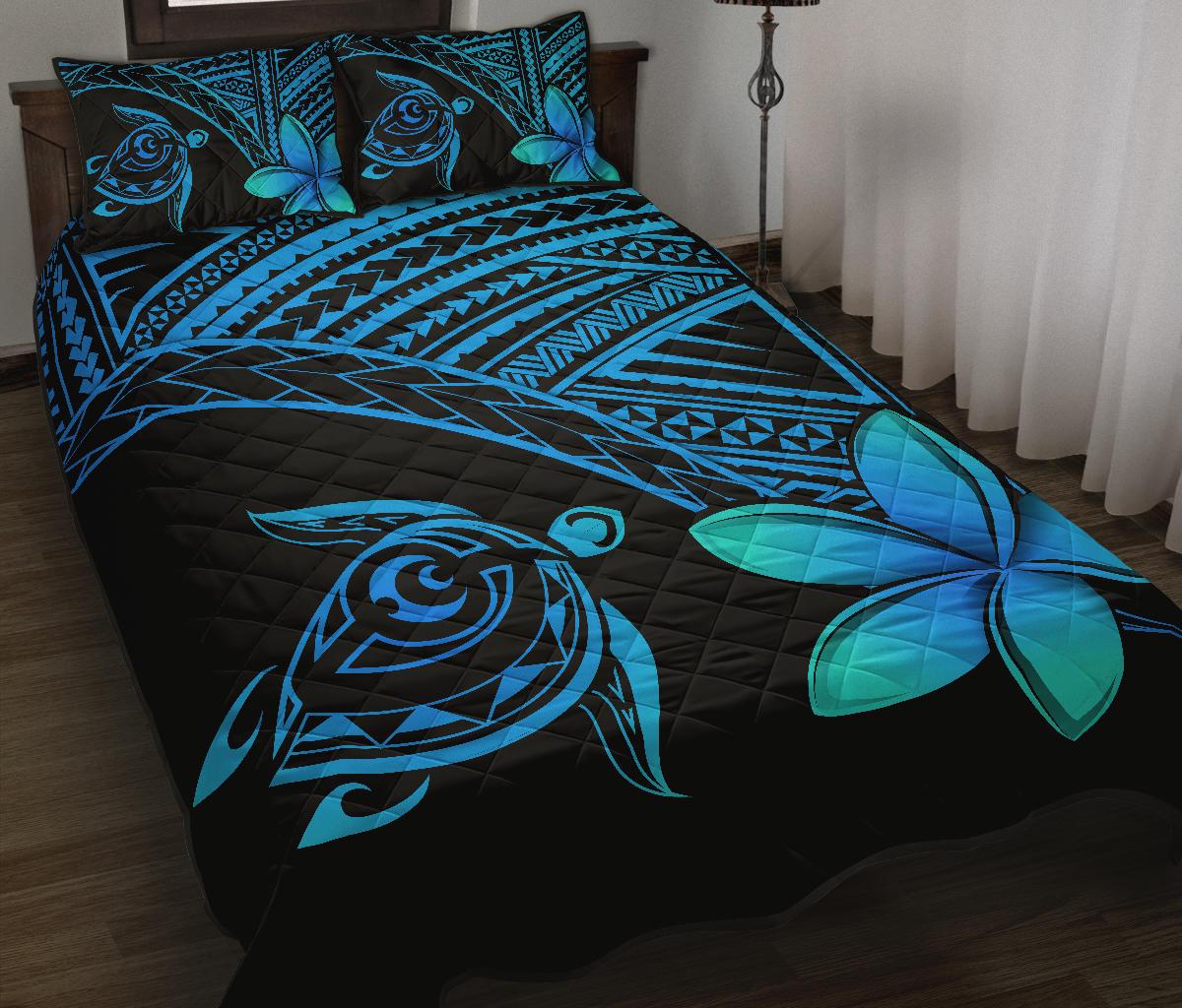 Hawaiian Turtle Plumeria Polynesian Quilt Bedding Set Blue - Polynesian Pride