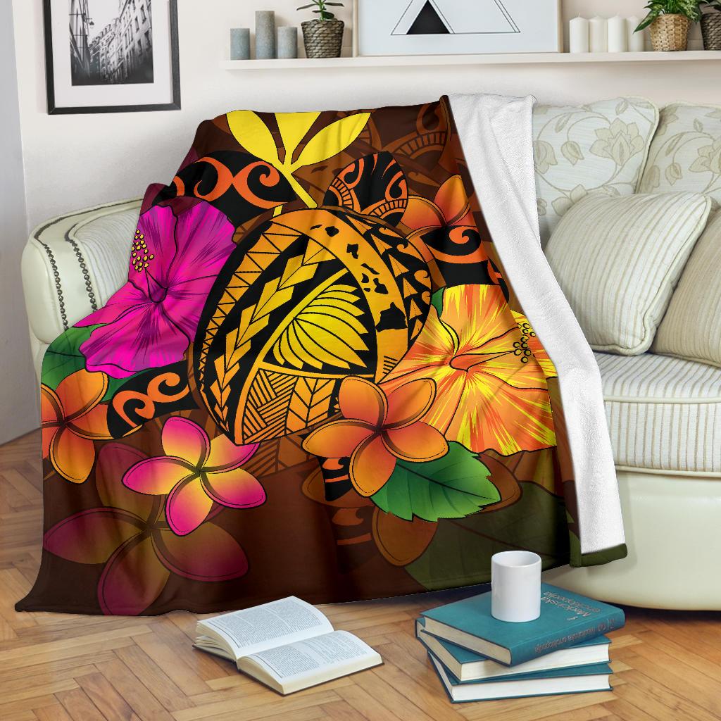 Hawaii Turtle Tribal Map Hibiscus Plumeria Premium Blanket White - Polynesian Pride