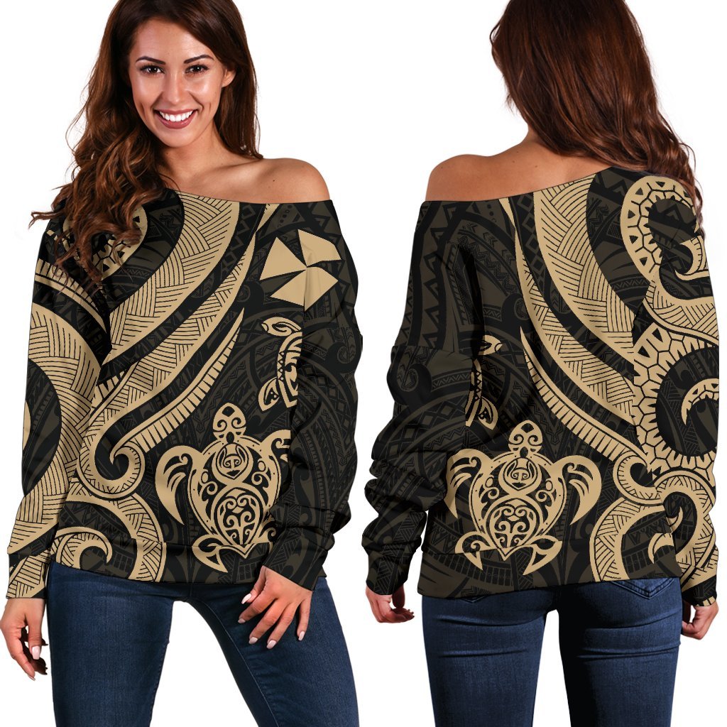 Wallis and Futuna Women's Off Shoulder Sweater - Gold Tentacle Turtle Gold - Polynesian Pride