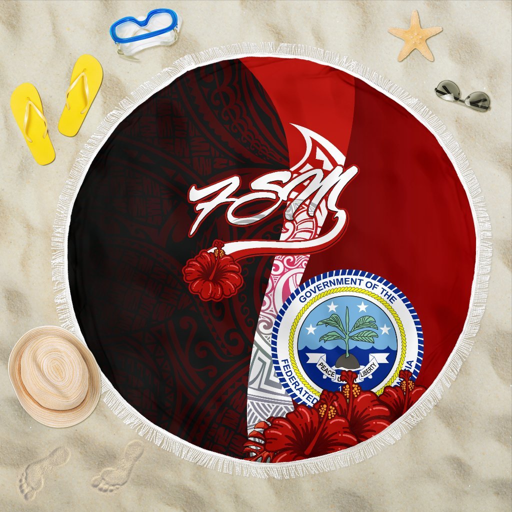 Federated States Of Micronesia Beach Blanket - Coat Of Arm With Hibiscus One style One size Red - Polynesian Pride