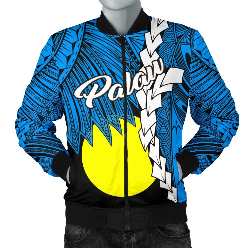 Palau Polynesian Men's Bomber Jacket - Tribal Wave Tattoo Flag Style Blue - Polynesian Pride