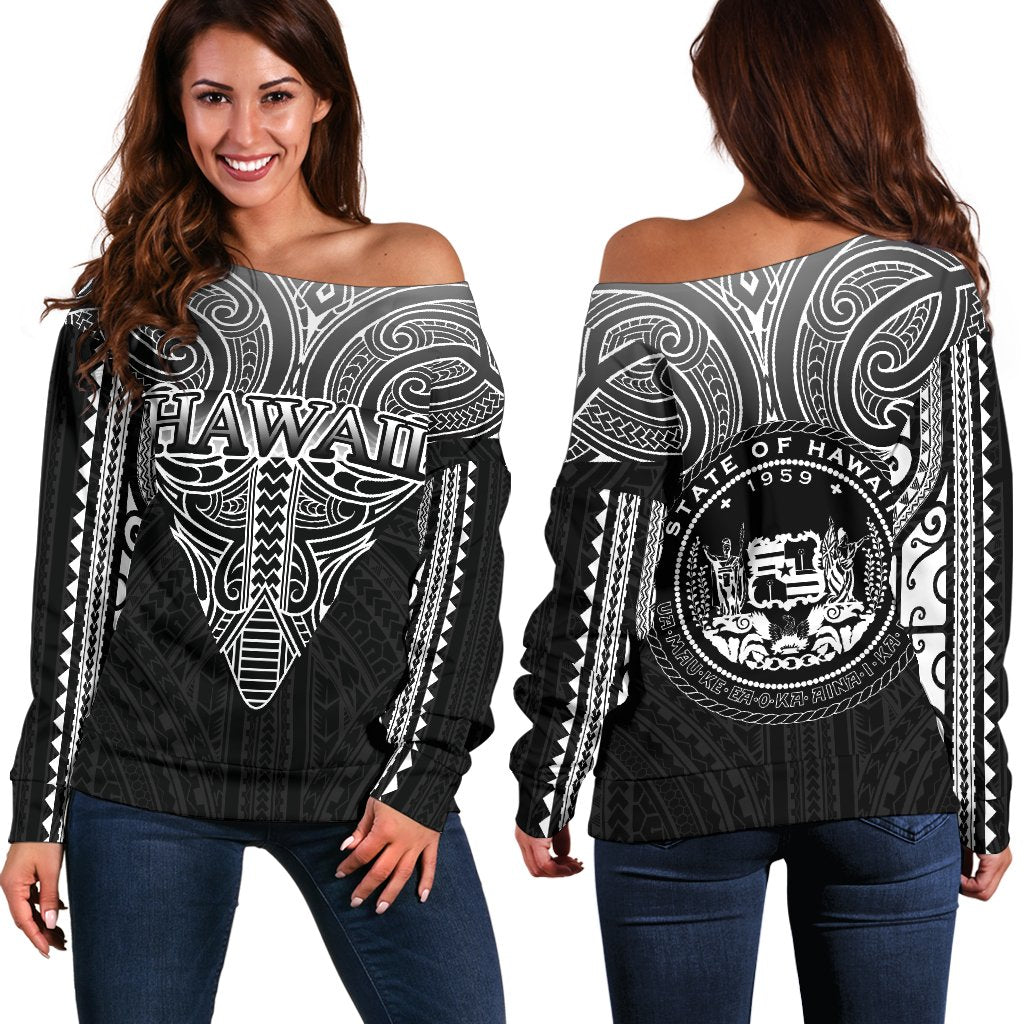 Hawaii Women's Off Shoulder Sweater - Triangle Polynesian Pattern Black - Polynesian Pride