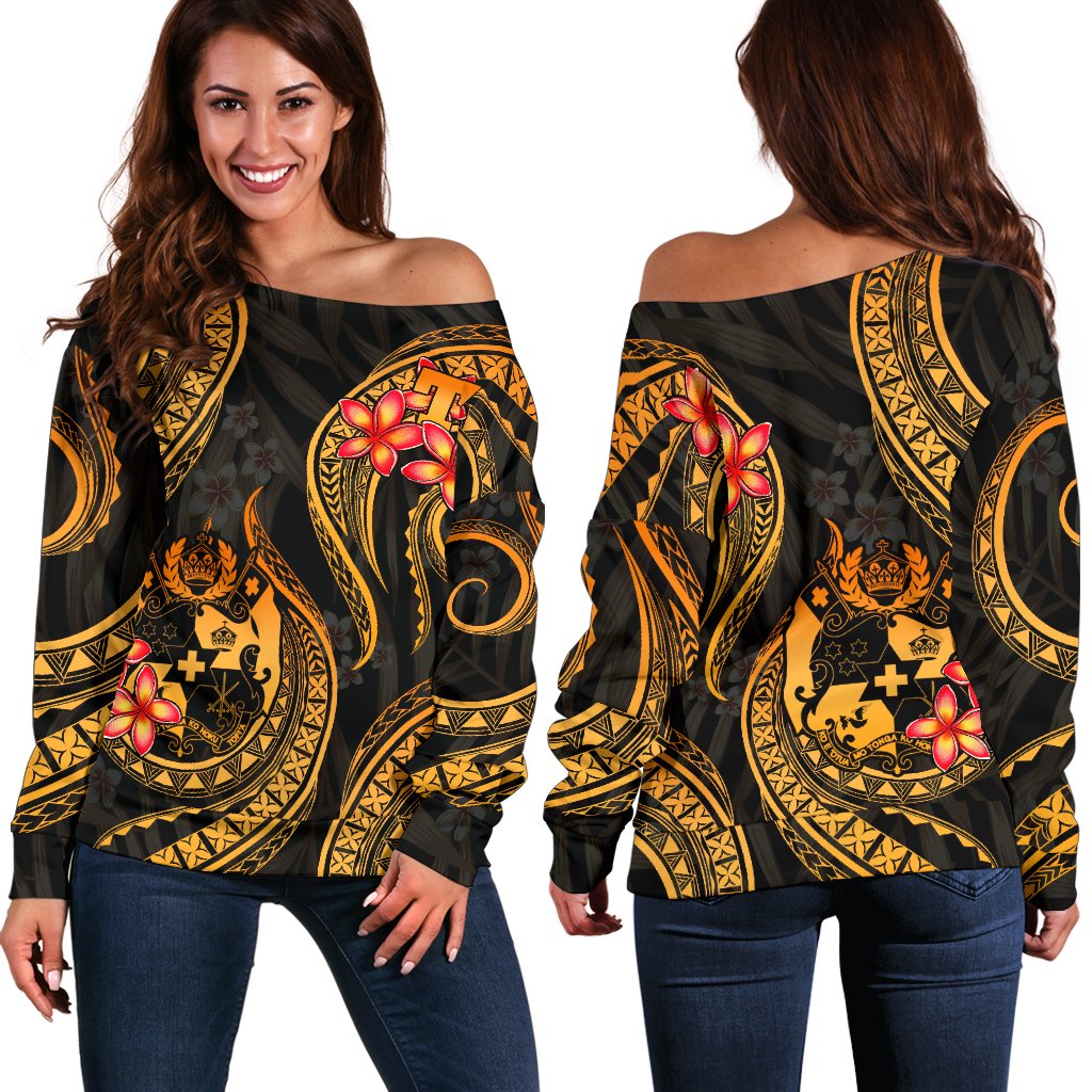 Tonga Polynesian Off Shoulder Sweater - Gold Plumeria Gold - Polynesian Pride