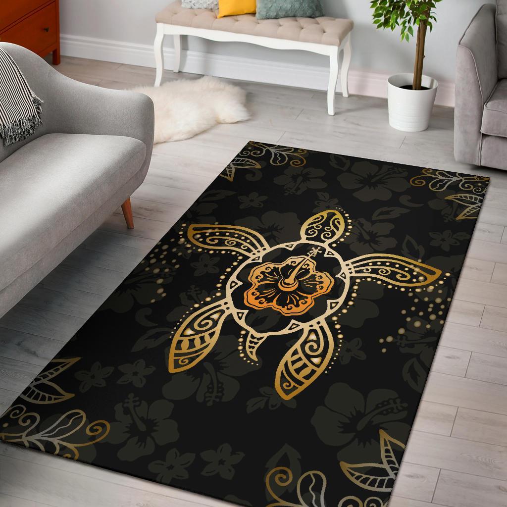 Hawaiian Golden Hibiscus And Turtle Area Rug AH Rug Gold - Polynesian Pride