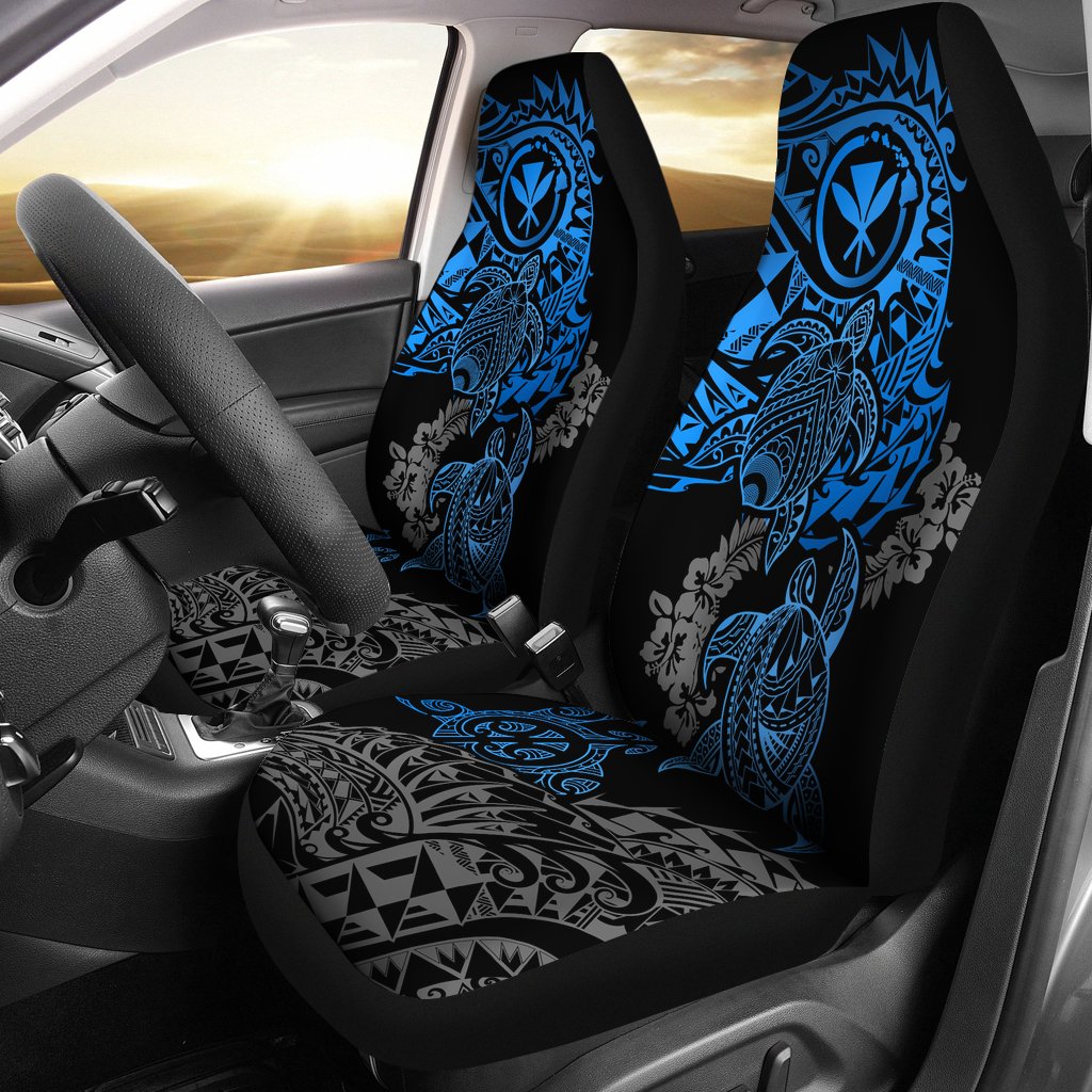 Hawaii Polynesian Seat Covers - Blue Kanaka Maoli Turtle Tattoo Gray Hibiscus Turtle Flowing Universal Fit BLUE - Polynesian Pride