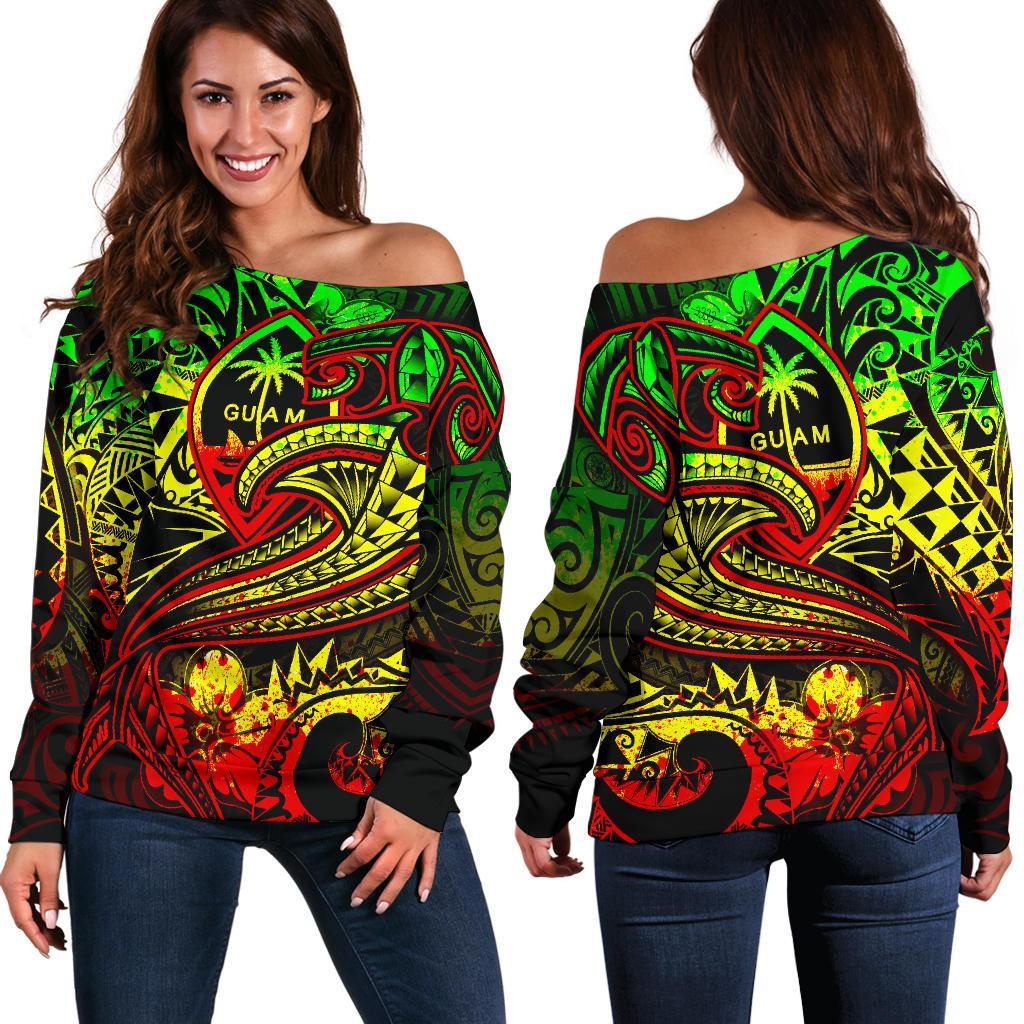 Guam Polynesian Women's Off Shoulder Sweater - Reggae Shark Polynesian Tattoo Art - Polynesian Pride