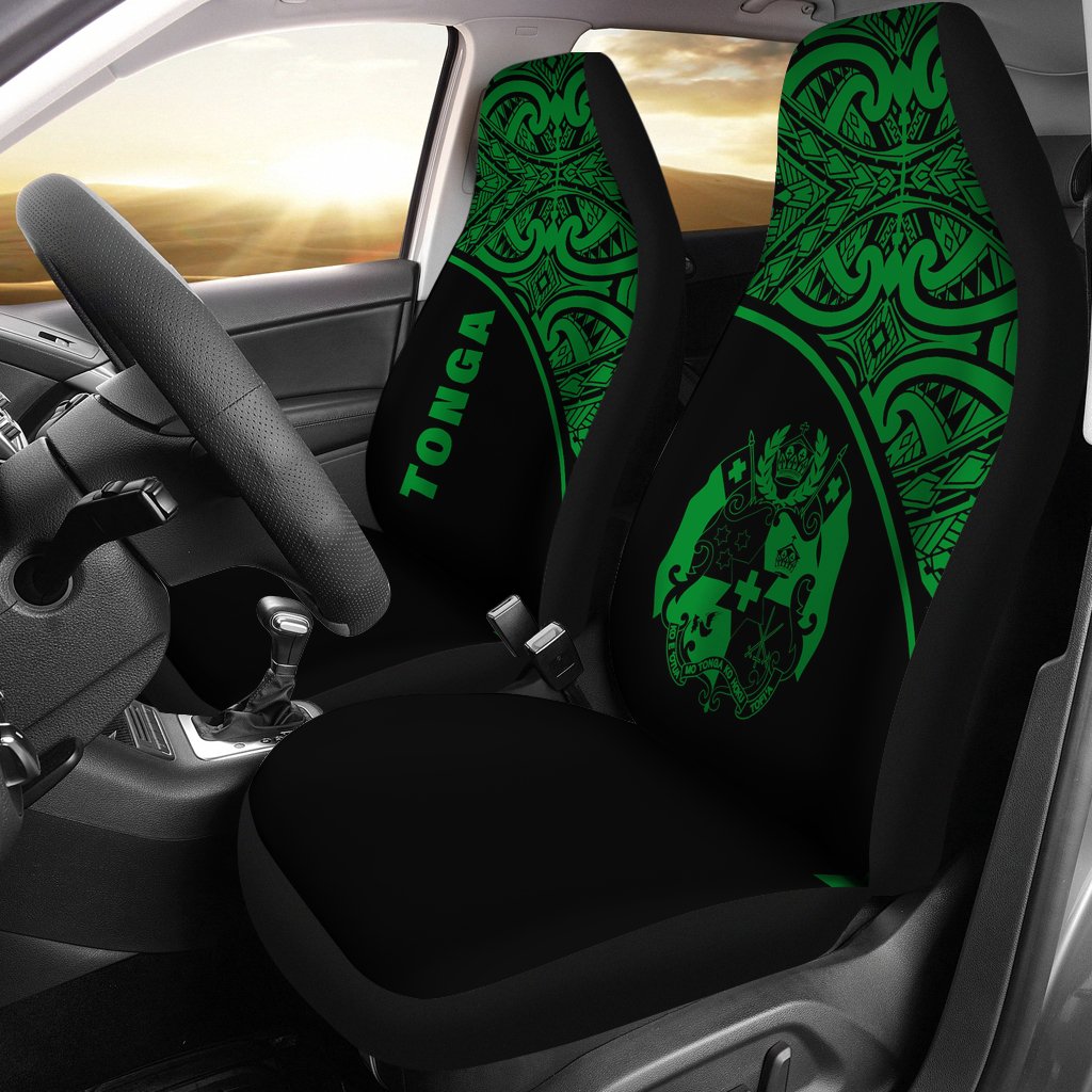 Tonga Car Seat Covers - Tonga Coat Of Arms Polynesian Tattoo Green Curve Universal Fit Green - Polynesian Pride