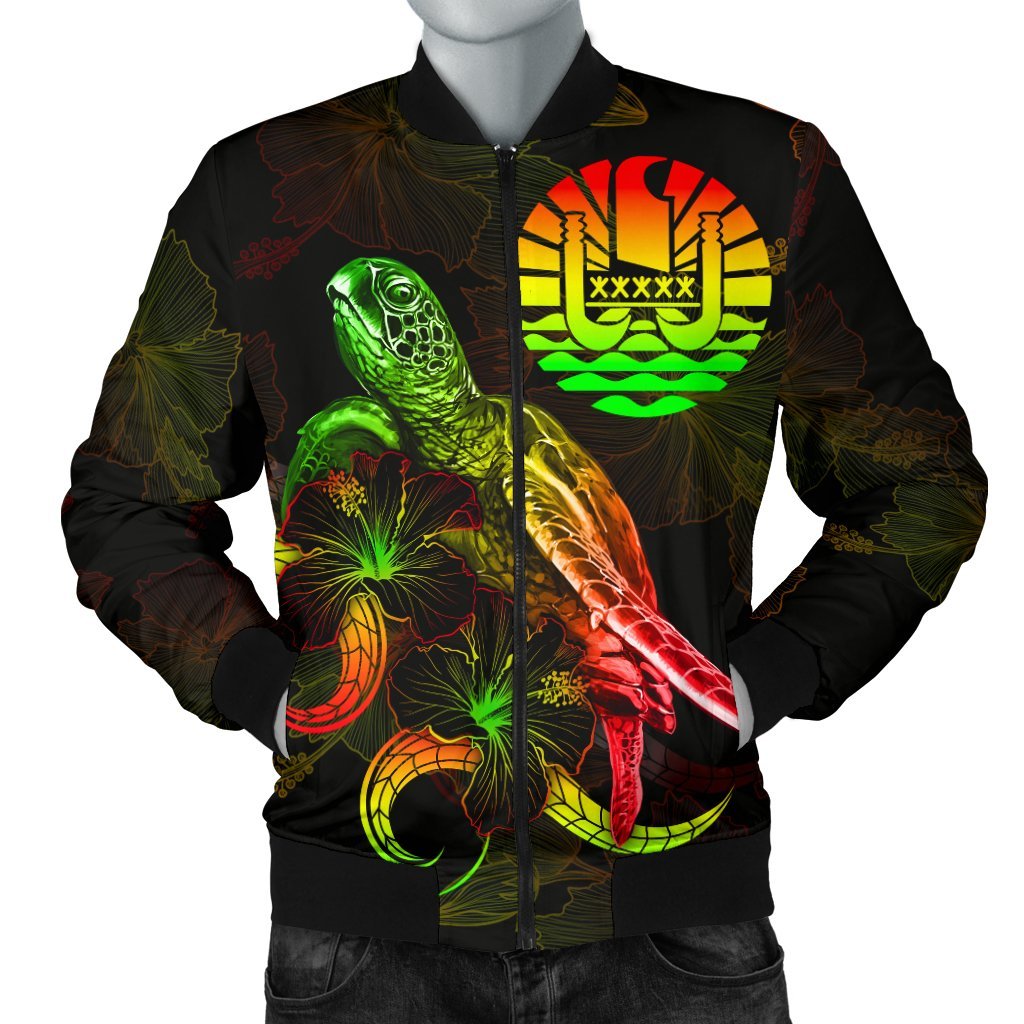Tahiti Polynesian Men's Bomber Jacket - Turtle With Blooming Hibiscus Reggae Reggae - Polynesian Pride