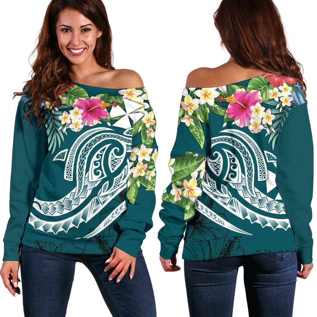 Wallis and Futuna Polynesian Women's Off Shoulder Sweater - Summer Plumeria (Turquoise) Turquoise - Polynesian Pride