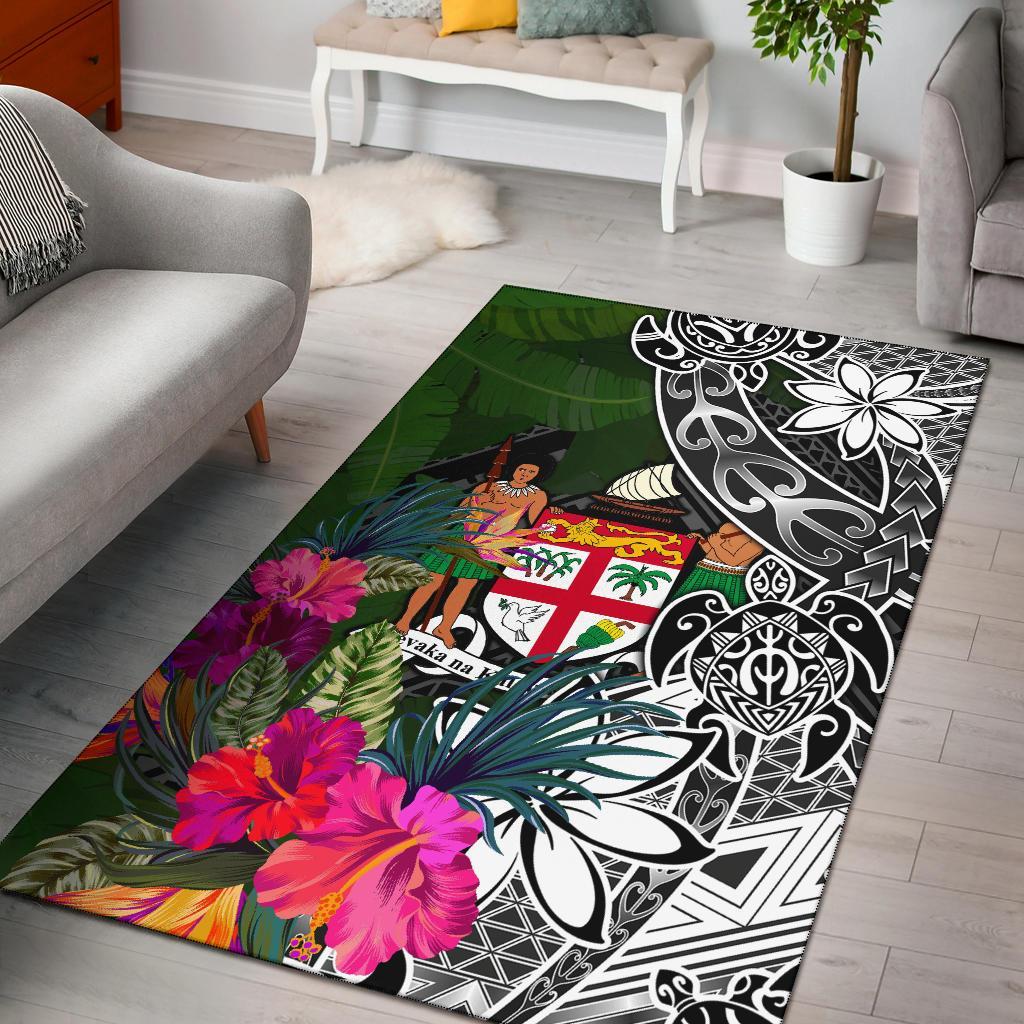 Fiji Area Rug - Turtle Plumeria Banana Leaf Crest Black - Polynesian Pride