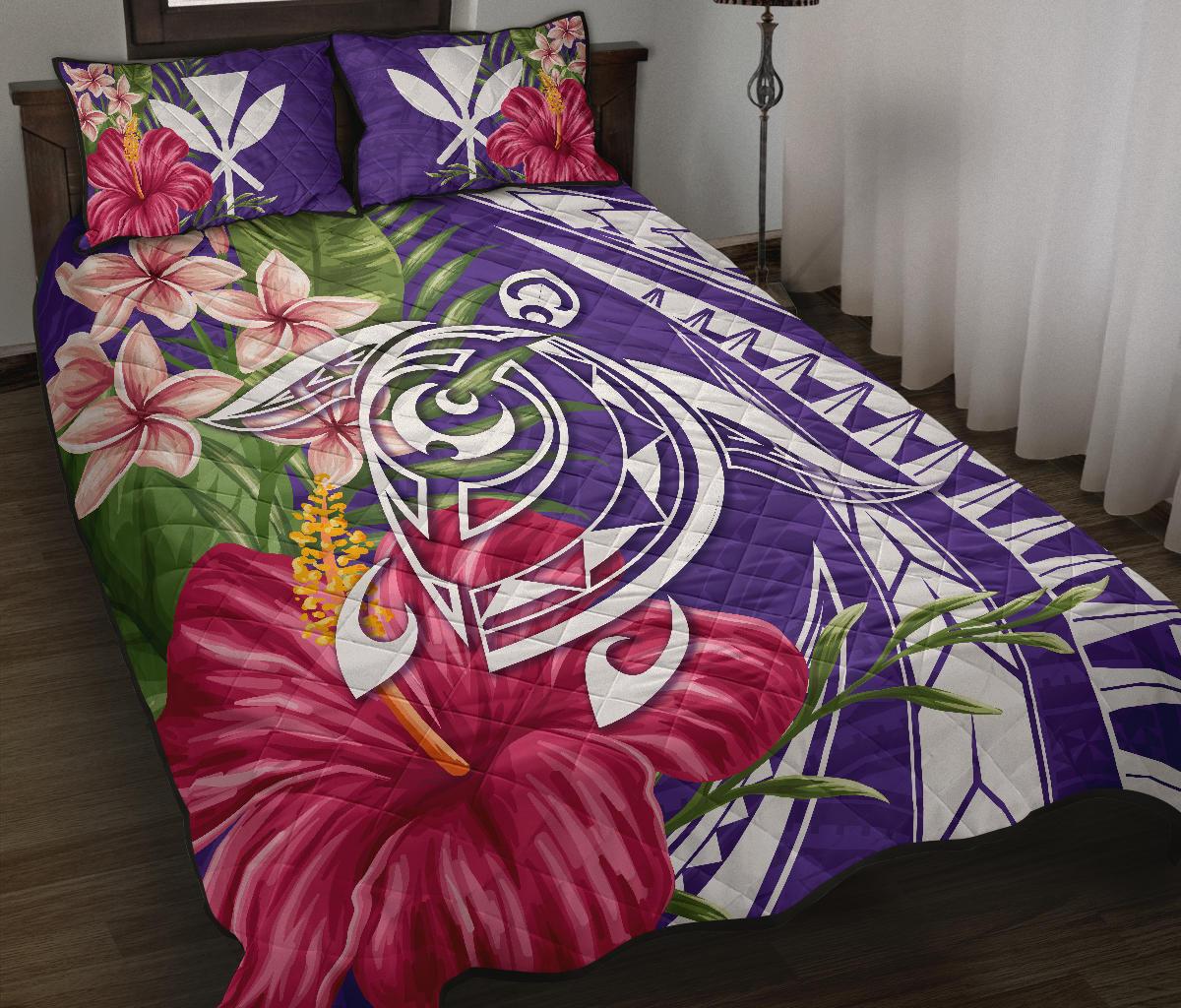 Hawaii Polynesian Turtle Tropical Hibiscus Plumeria Quilt Bet Set - Purple - Polynesian Pride