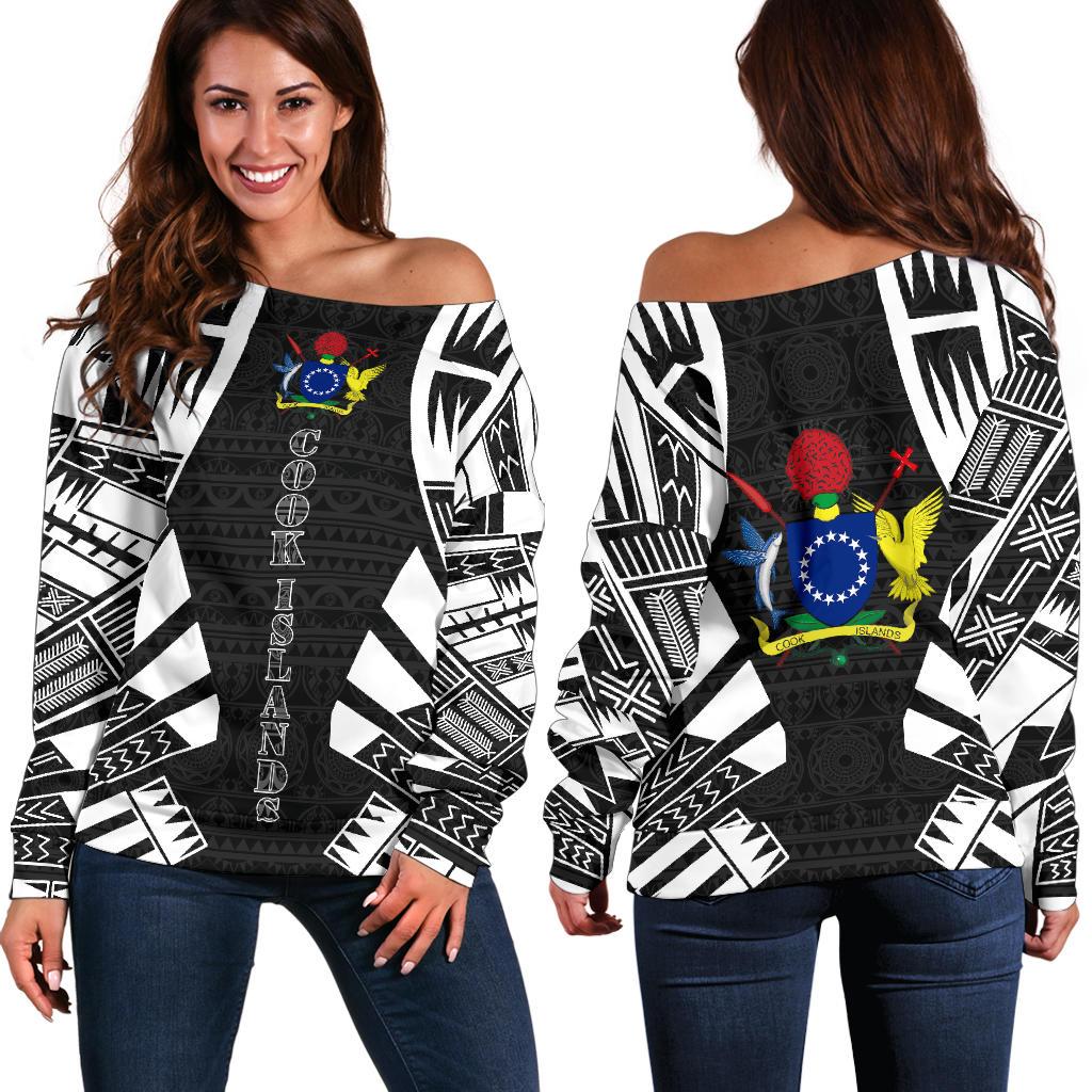 Cook Islands Women's Off Shoulder Sweater - Polynesian Tattoo Black Black - Polynesian Pride