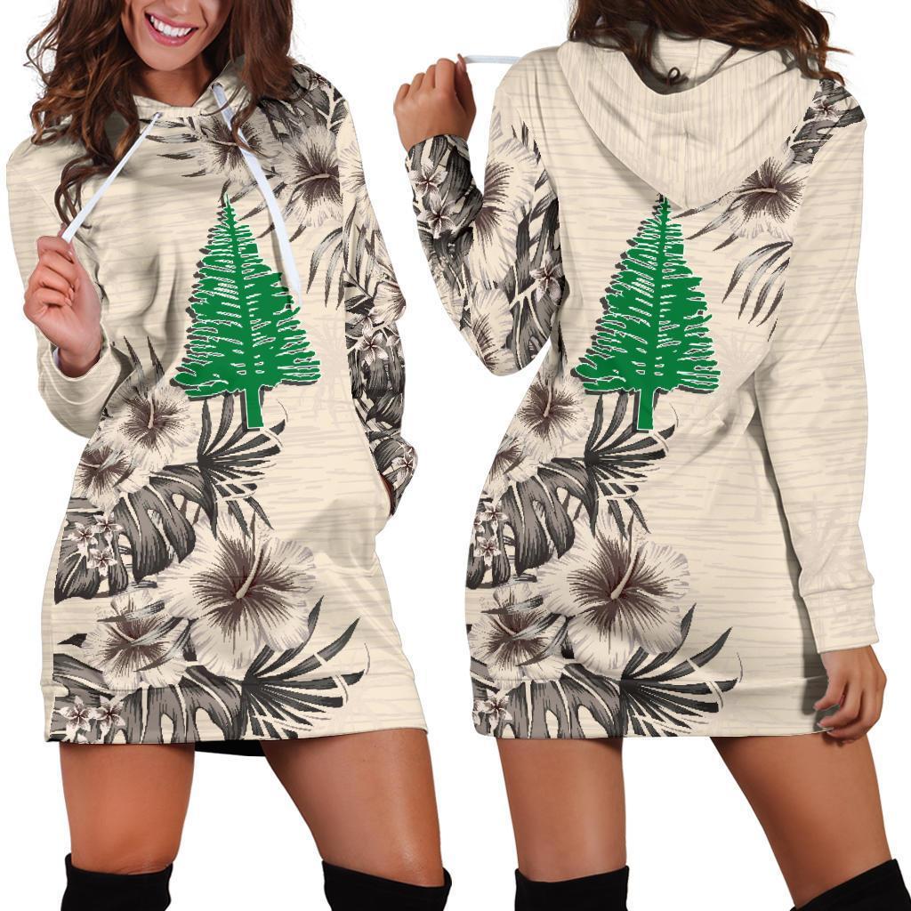 Norfolk Island Hoodie Dress - Norfolk Island Flag & Beige Hibiscus White - Polynesian Pride