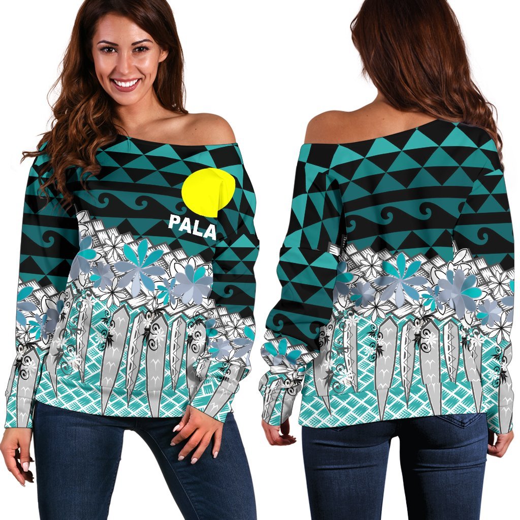 Palau Women's Off Shoulder Sweaters - Coconut Leaves Weave Pattern Blue Blue - Polynesian Pride