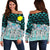 Palau Women's Off Shoulder Sweaters - Coconut Leaves Weave Pattern Blue Blue - Polynesian Pride