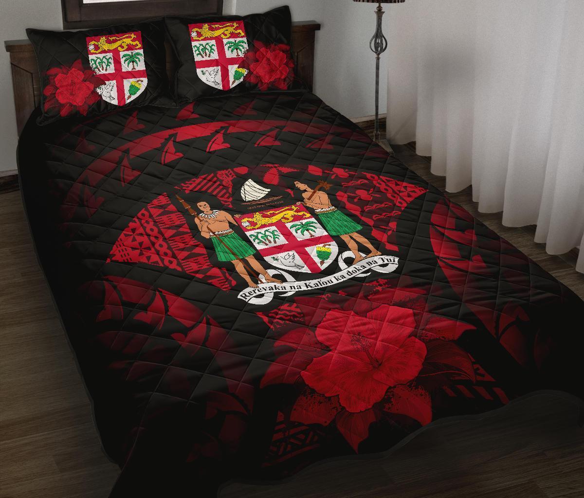 Fiji Polynesian Quilt Bed Set Hibiscus Red Black - Polynesian Pride