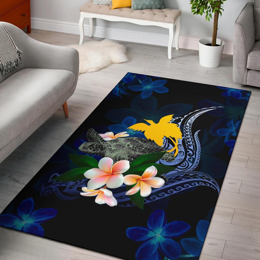 Papua New Guinea Polynesian Area Rug - Turtle With Plumeria Flowers Blue - Polynesian Pride