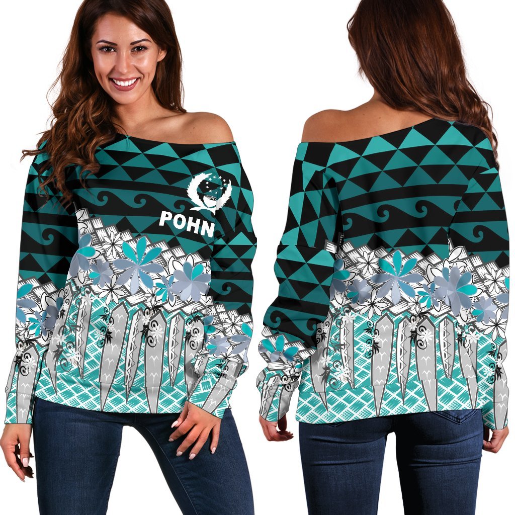 Pohnpei Women's Off Shoulder Sweaters - Coconut Leaves Weave Pattern Blue Red - Polynesian Pride