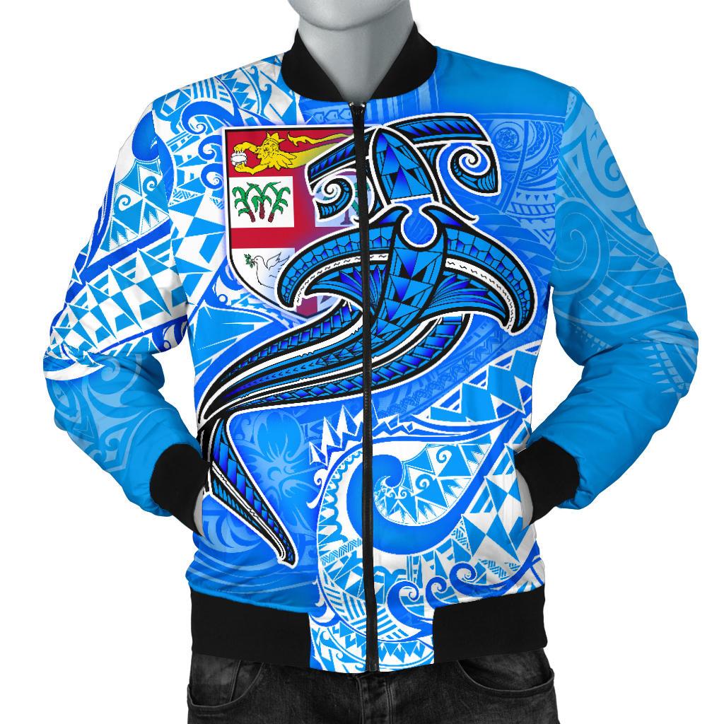 Fiji Men's Bomber Jacket - Blue Shark Polynesian Tattoo Blue - Polynesian Pride