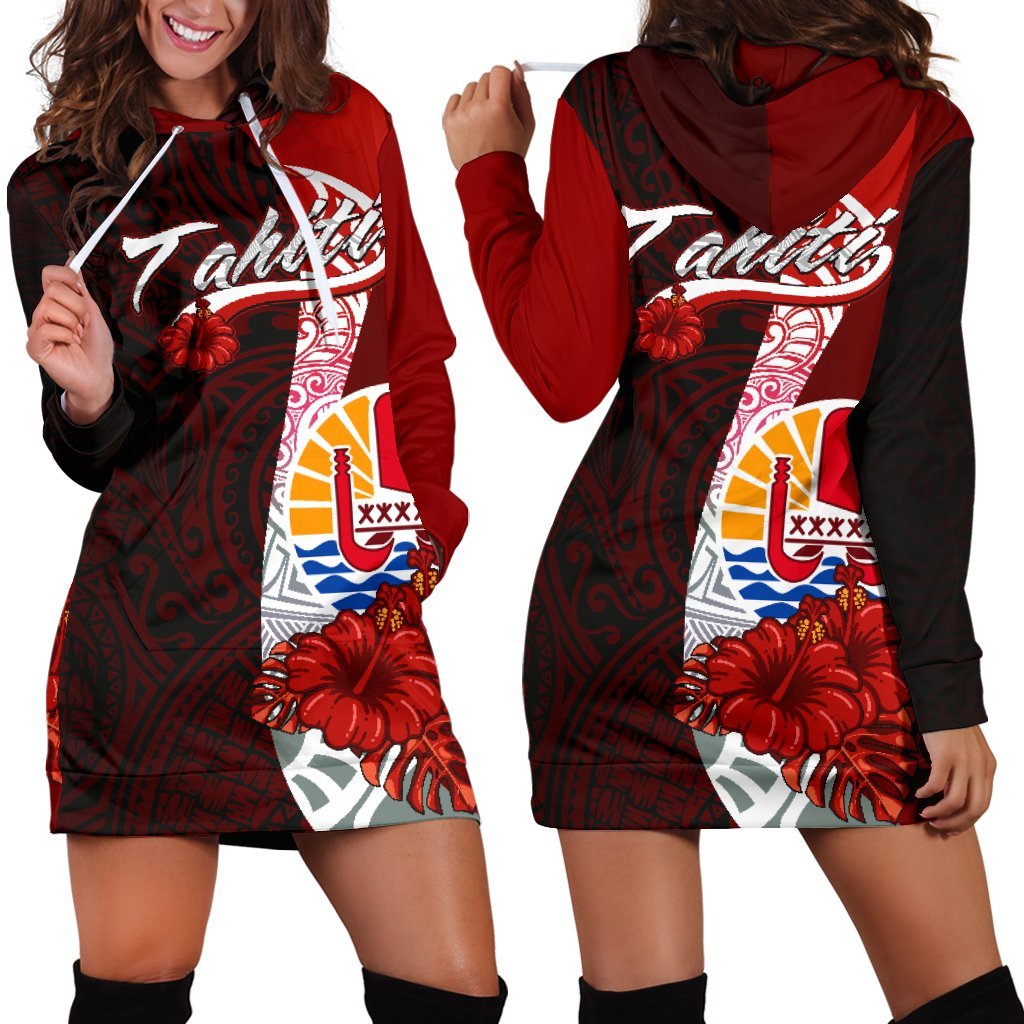 Tahiti Polynesian Women's Hoodie Dress - Coat Of Arm With Hibiscus Red - Polynesian Pride