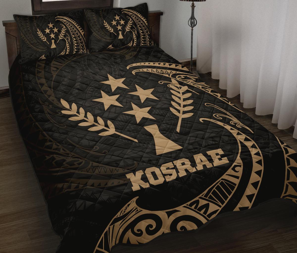 Kosrae Micronesia Quilt Bed Set - Gold Tribal Wave Black - Polynesian Pride