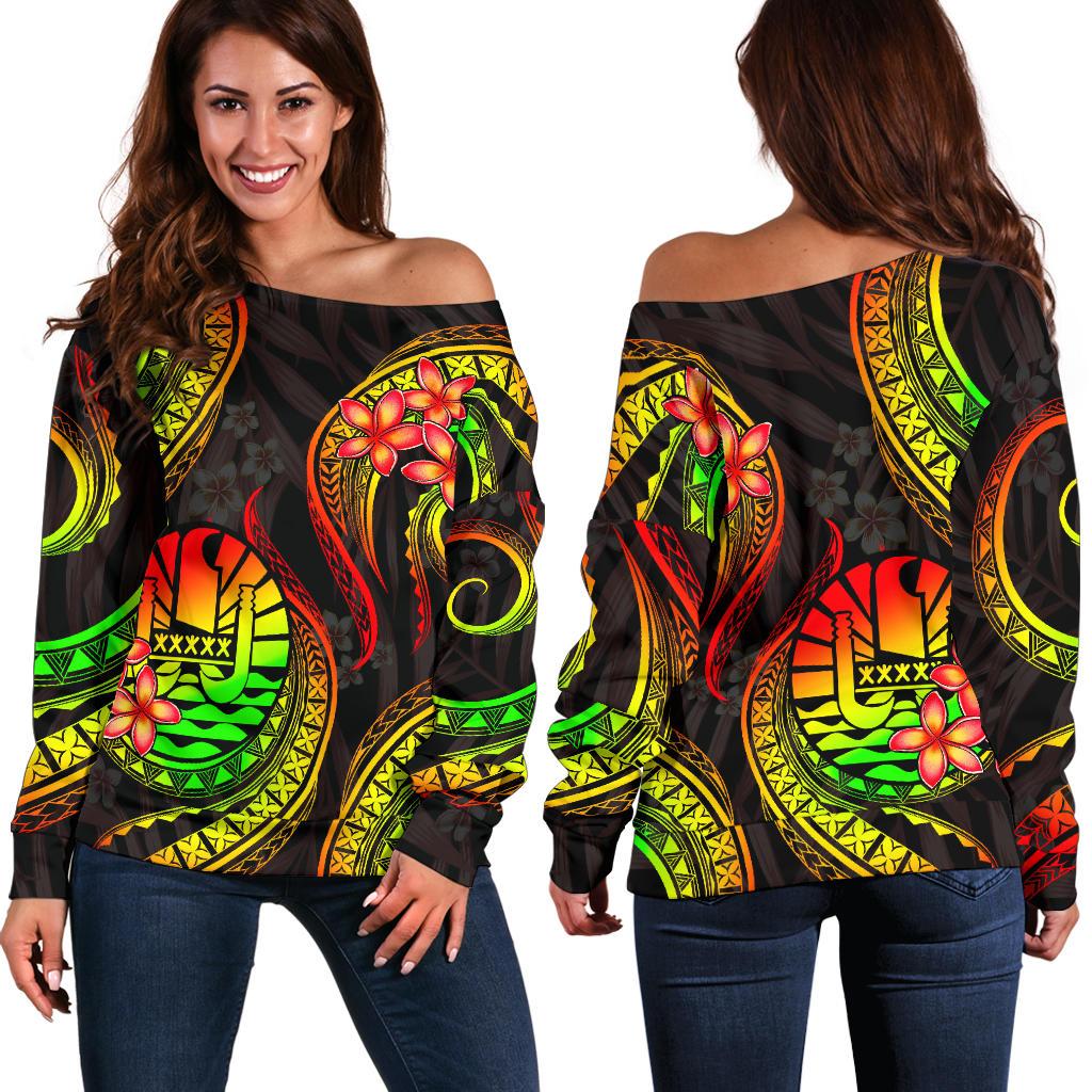 Tahiti Polynesian Off Shoulder Sweater - Reggae Plumeria Art - Polynesian Pride