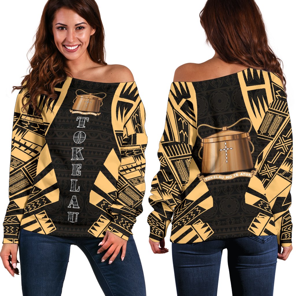 Tokelau Women's Off Shoulder Sweater - Polynesian Tattoo Gold Gold - Polynesian Pride