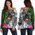 Pohnpei Off Shoulder Sweater - Turtle Plumeria Banana Leaf Black - Polynesian Pride