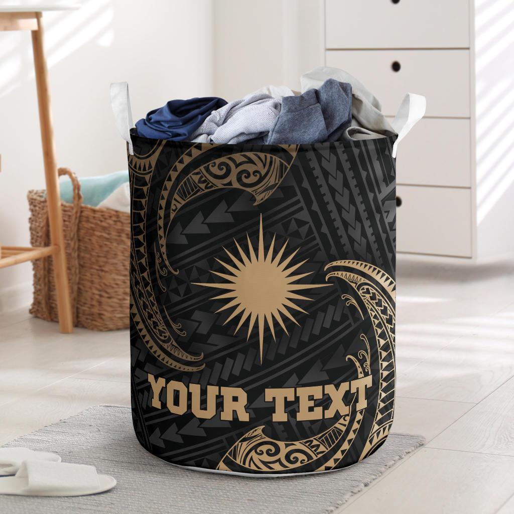 Marshall Islands Polynesian Custom Personalised Laundry Basket - Gold Tribal Wave One Style One Size Black - Polynesian Pride