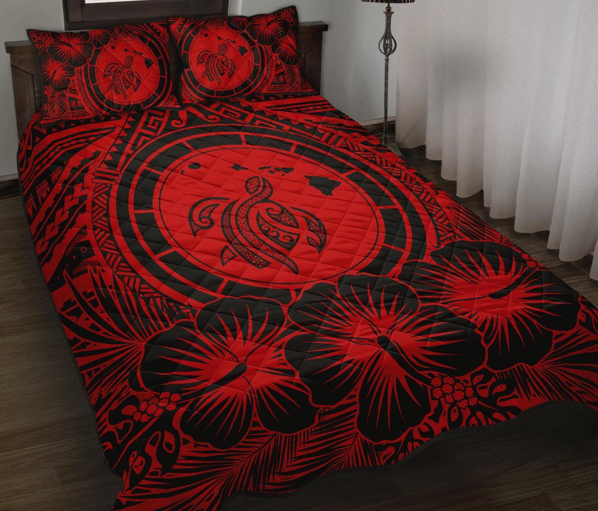 Hawaiian Map Honu Hibiscus Red Polynesian Quilt Bed Set - Polynesian Pride