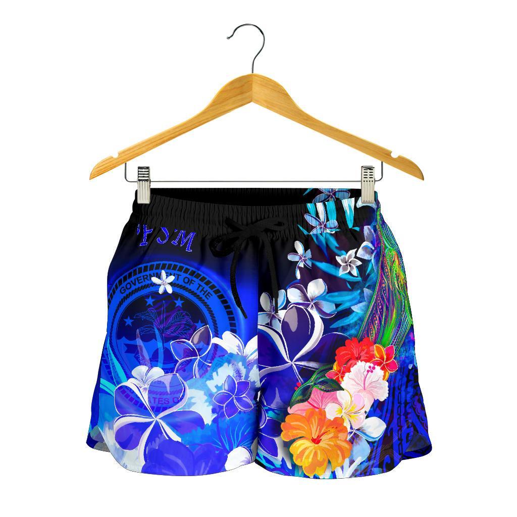 Federated States of Micronesia Women's Shorts - Humpback Whale with Tropical Flowers (Blue) - Polynesian Pride