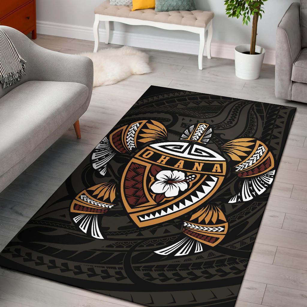 Hawaiian Map Turtle Ohana Hibiscus Kakau Polynesian Rug AH Rug Black - Polynesian Pride