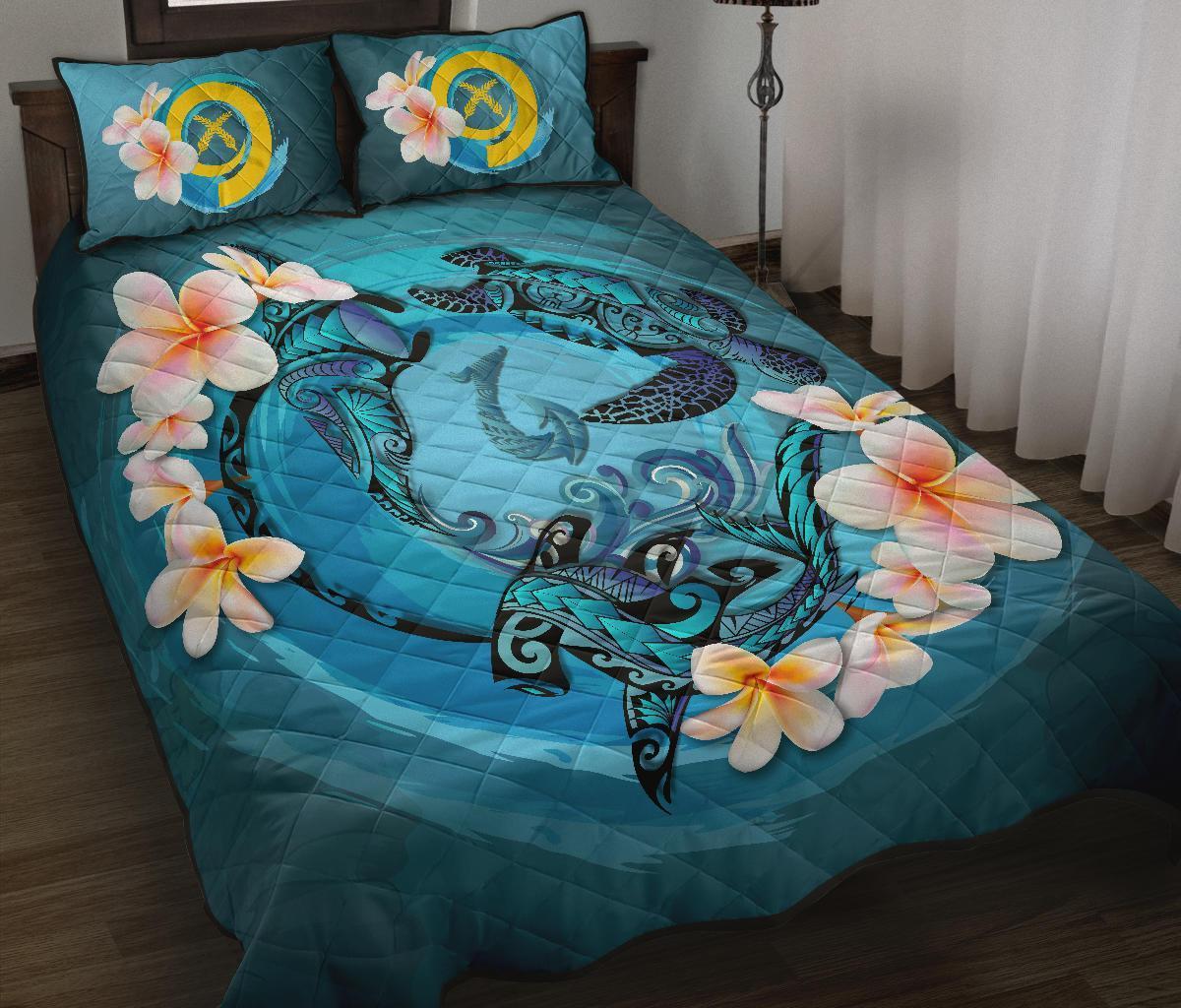 Vanuatu Polynesian Quilt Bed Set - Blue Plumeria Animal Tattoo Blue - Polynesian Pride