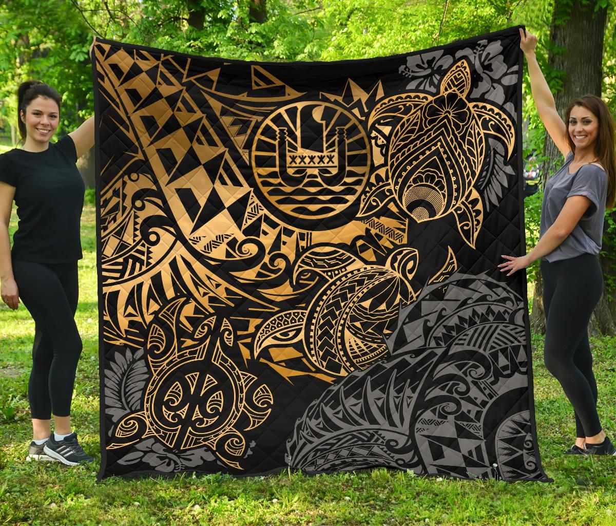 Tahiti Polynesian Premium Quilt - Gold Turtle HibiscusFlowing GOLD - Polynesian Pride