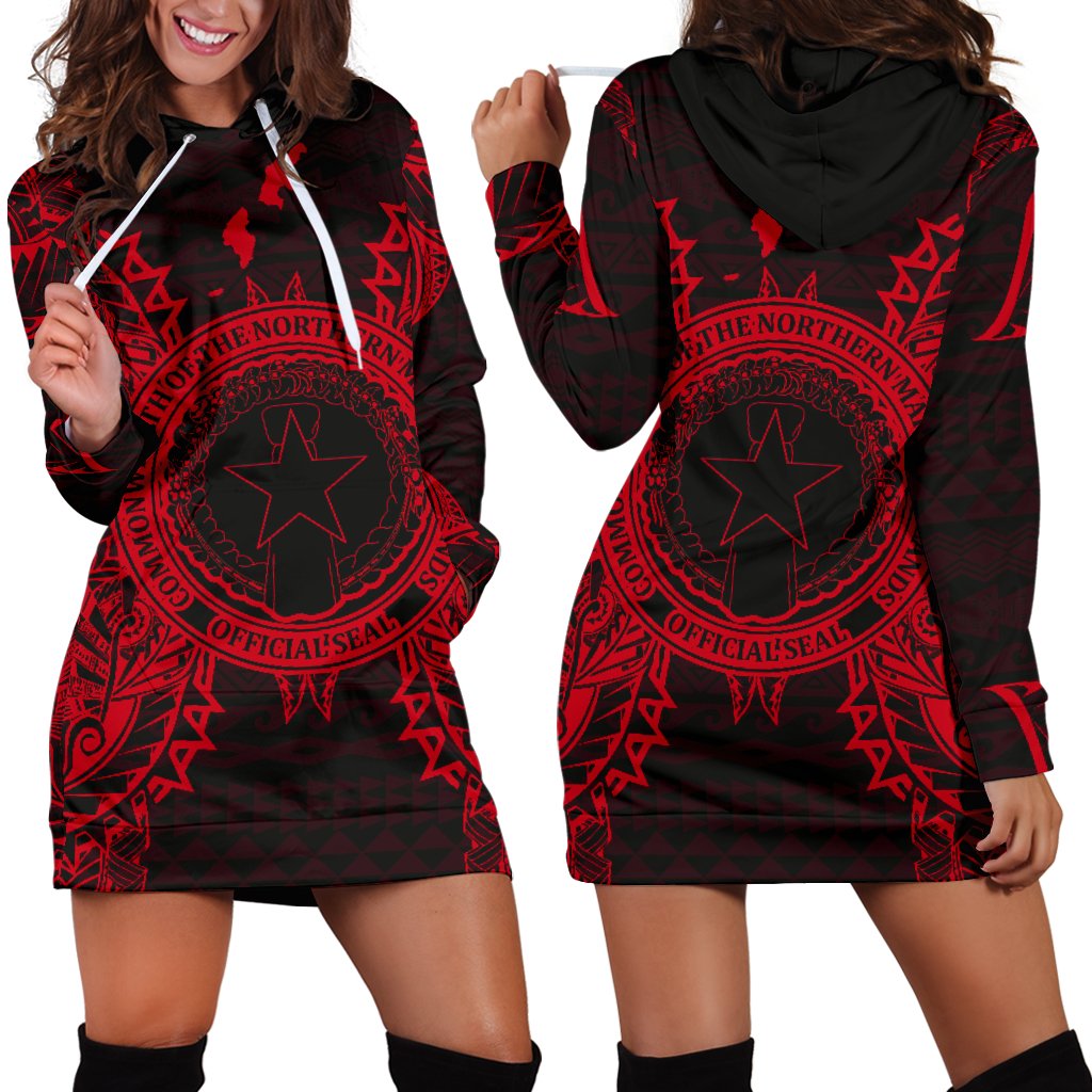 Northern Mariana Islands Polynesian Hoodie Dress Map Red Red - Polynesian Pride