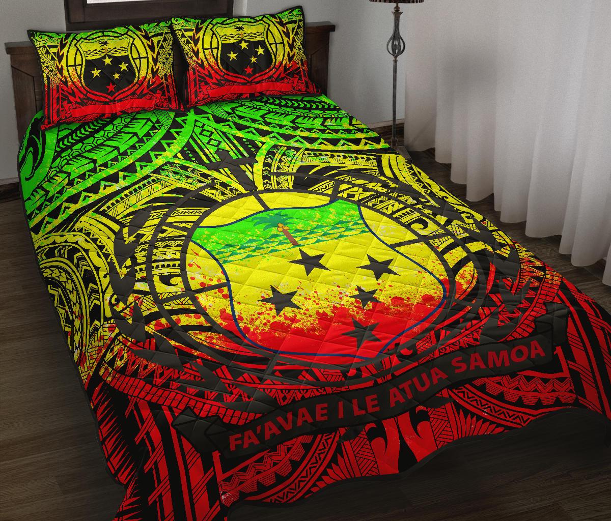 Samoa Quilt Bed Set - Samoa Coat Of Arm, Polynesian Tattoo (Reggae) Art - Polynesian Pride