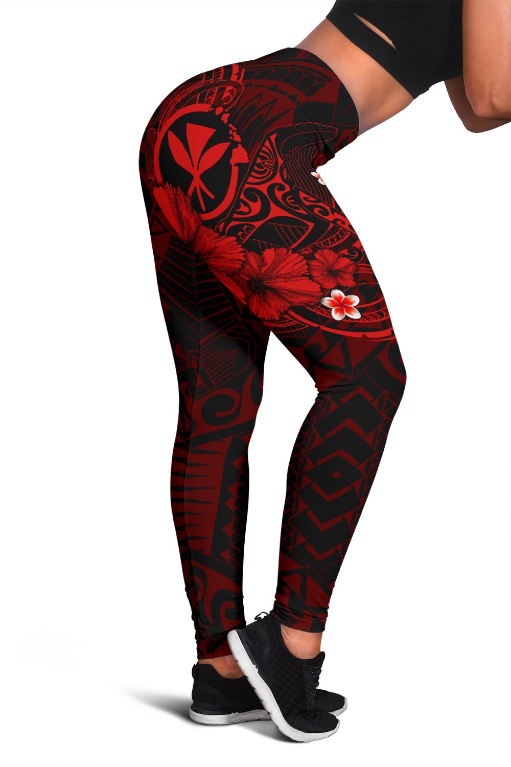 Polynesian Hawaii Kanaka Maoli Leggings - Humpback Whale with Hibiscus (Red) - Polynesian Pride