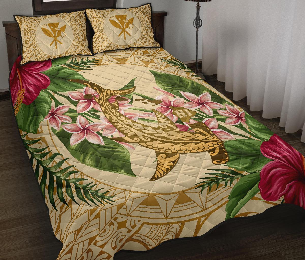 Hawaii Quilt Bed Set - Hammerhead Shark Quilt Bed Set Strong Pattern Hibiscus Plumeria AH Gold - Polynesian Pride