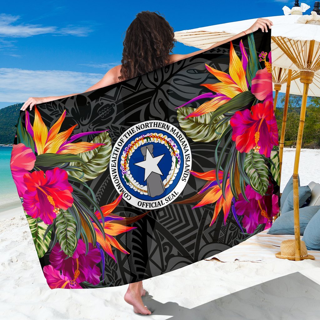 Northern Mariana Islands Sarong - Polynesian Hibiscus Pattern Women One Size Black - Polynesian Pride