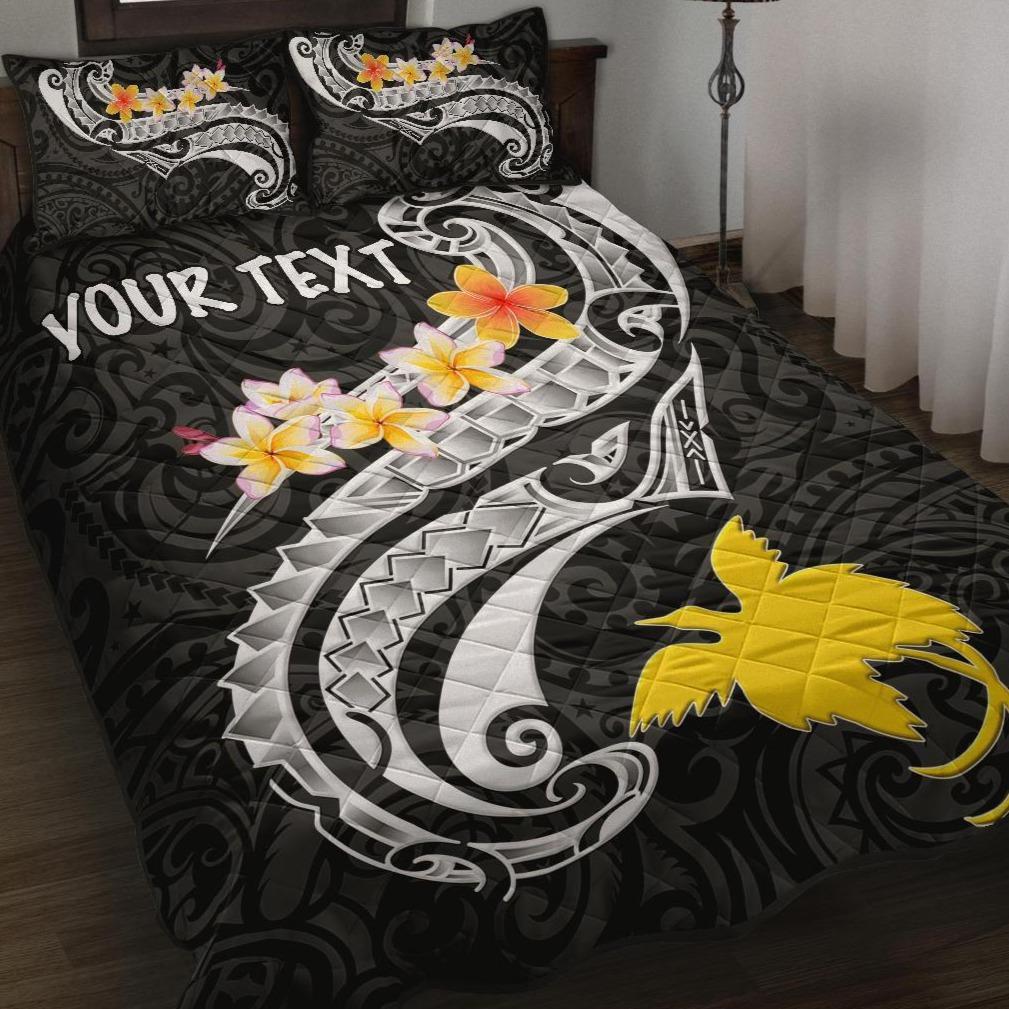 Papua New Guinea Custom Personalised Quilt Bed Set - PNG Seal Polynesian Patterns Plumeria (Black) Black - Polynesian Pride