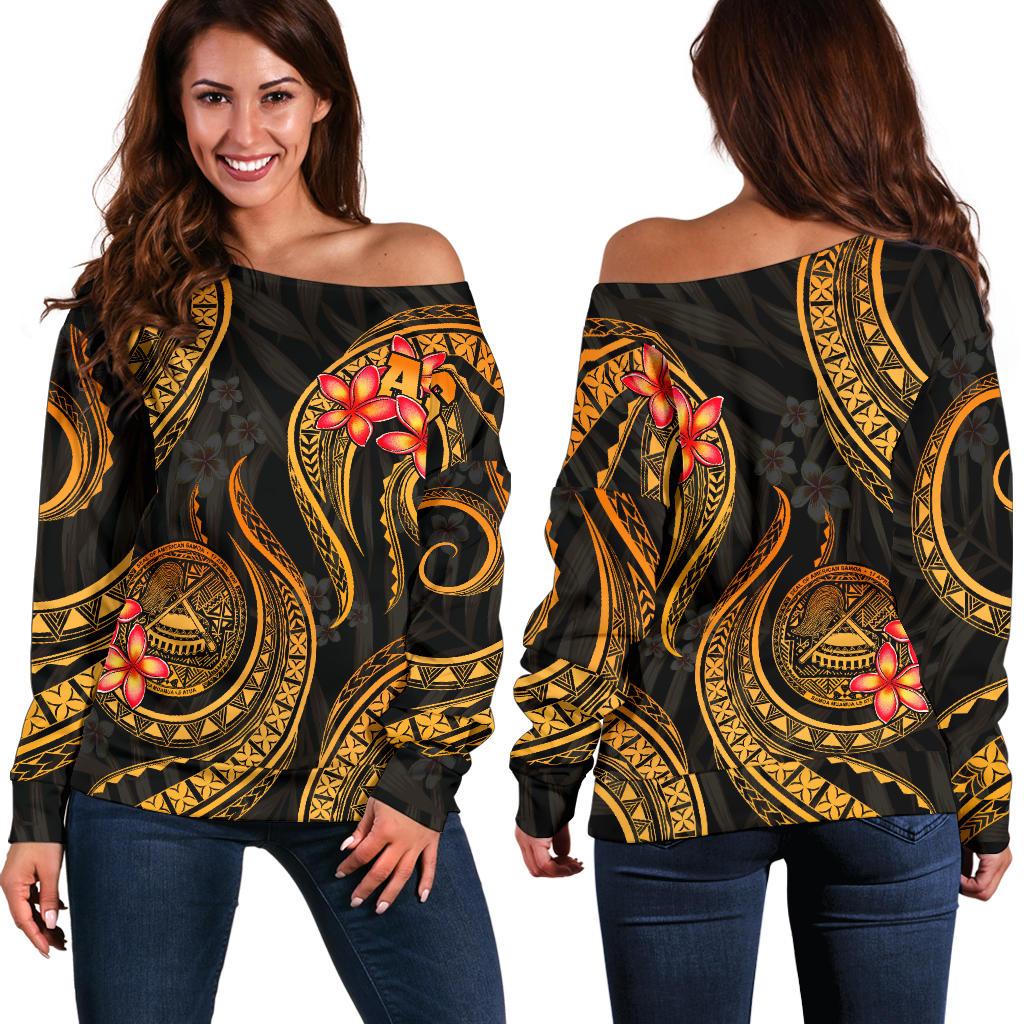 American Samoa Polynesian Off Shoulder Sweater - Gold Plumeria Gold - Polynesian Pride