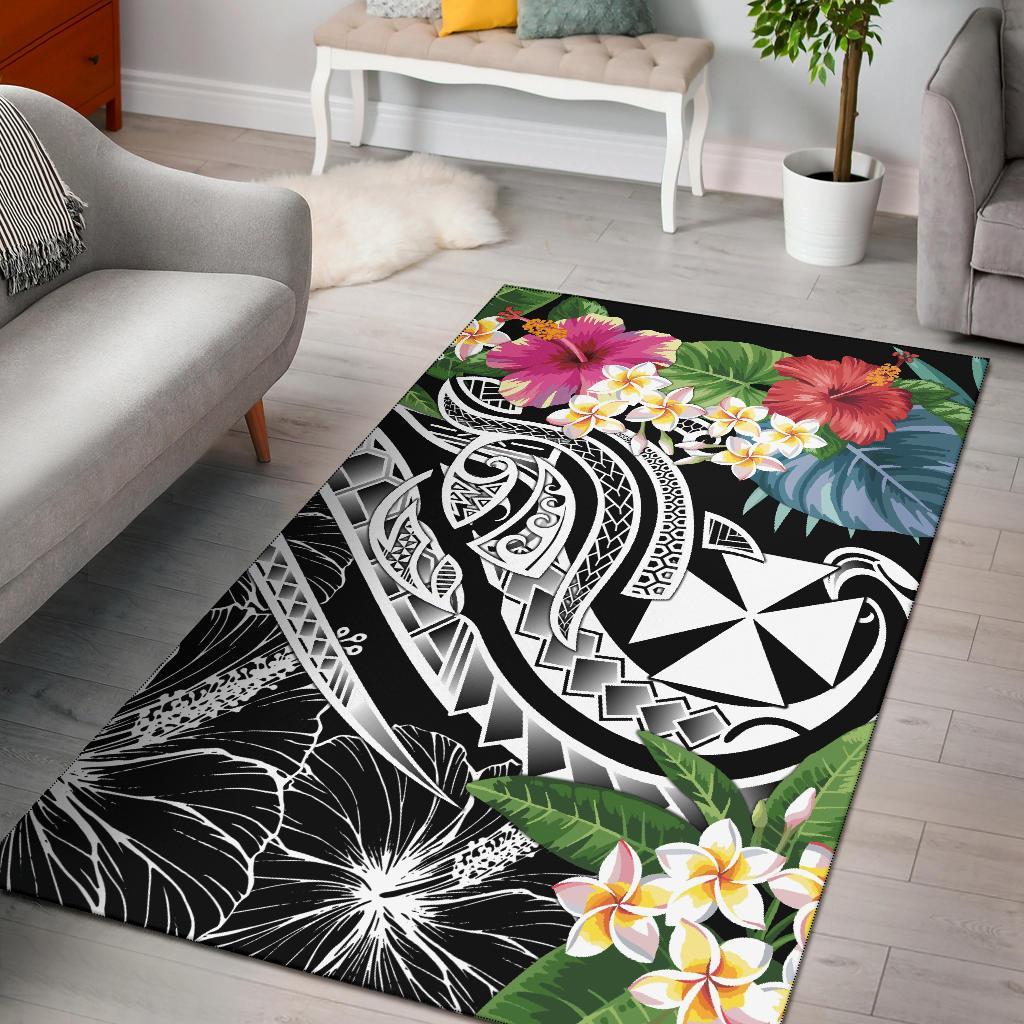 Wallis and Futuna Polynesian Area Rug - Summer Plumeria (Black) Black - Polynesian Pride