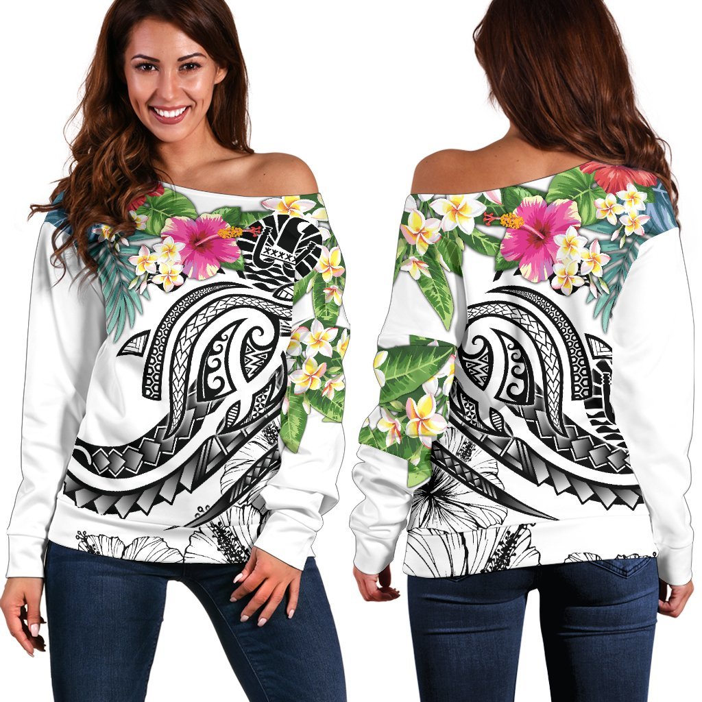 Tahiti Polynesian Women's Off Shoulder Sweater - Summer Plumeria (White) White - Polynesian Pride