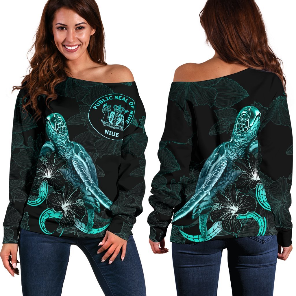 Niue Polynesian Women's Off Shoulder Sweater - Turtle With Blooming Hibiscus Turquoise Turquoise - Polynesian Pride