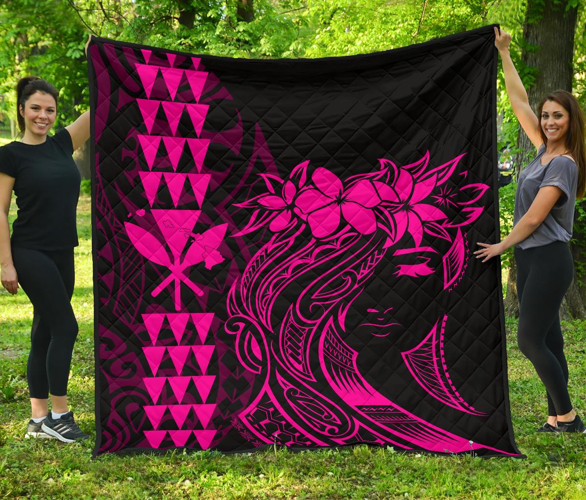 Hawaii Map Kanaka Polynesian Hula Girl Premium Quilt - Pink Pink - Polynesian Pride